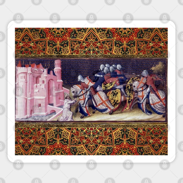 Galahad combatting the brothers of the Castle of Maidens,receiving a key Arthurian Legends Medieval Miniature Magnet by BulganLumini